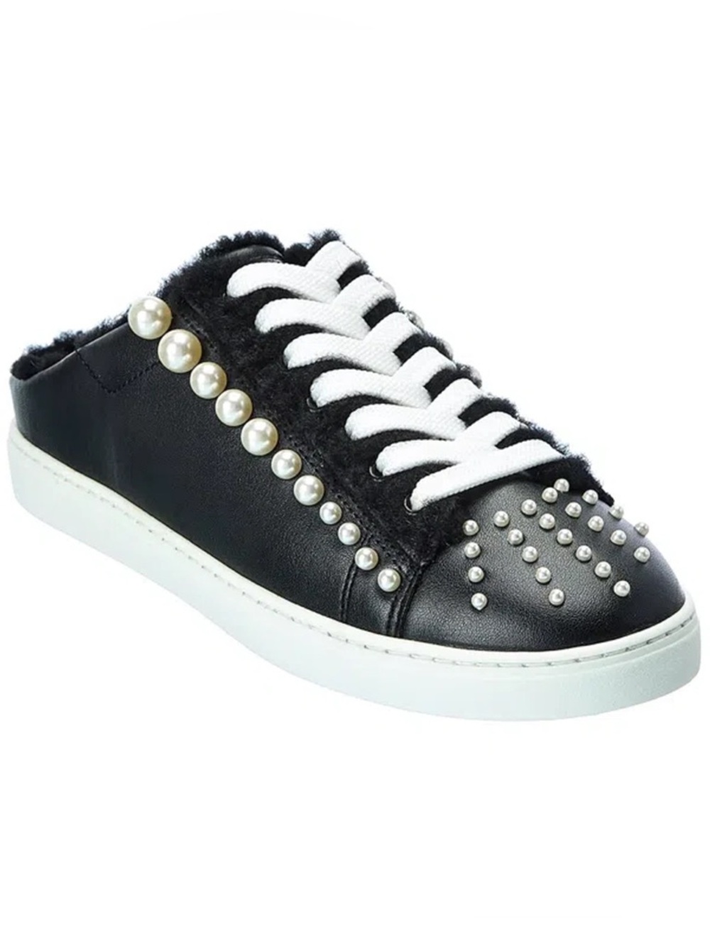 Stuart Weitzman Black Pearl-Accent furry Slip-On Sneaker 7.5 women